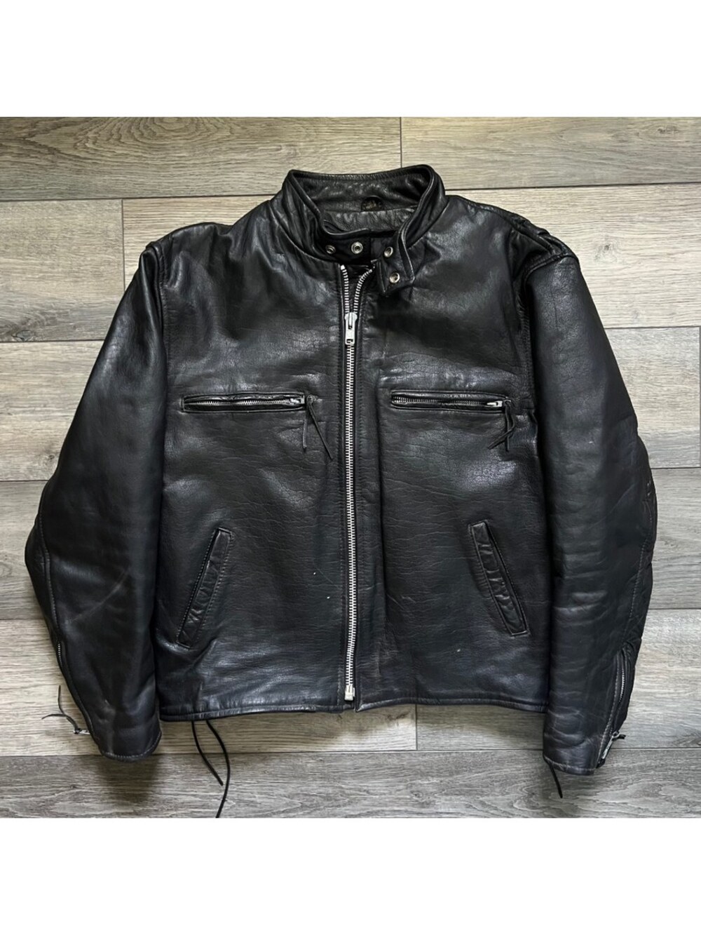 Vintage Unik Men's 48 Cafe Racer Motorcycle Jacket Black Leather Zip Pockets